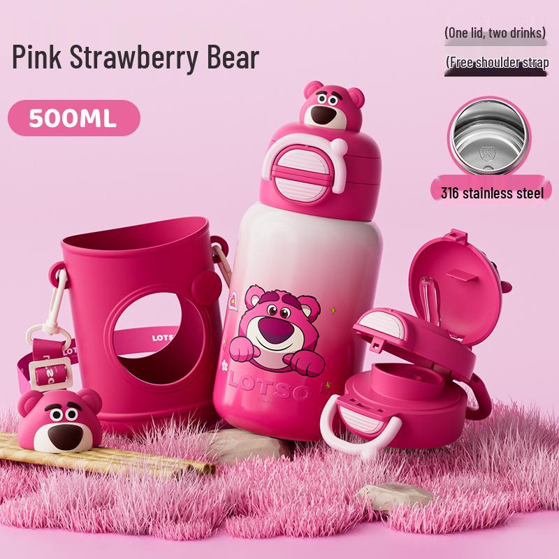 Large Capacity Strawberry Bear Kids  Stainless Steel Thermos with Straw – Cute and Stylish for Boys & Girls 500ml