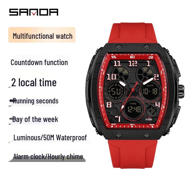 Sanda Dual-Movement Barrel Watch: Luminous Alarm, Large Dial, Multifunctional Student Watch.