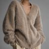 2026 Autumn/Winter Women's Loose V-Neck Knit Mink Cardigan - Solid Color