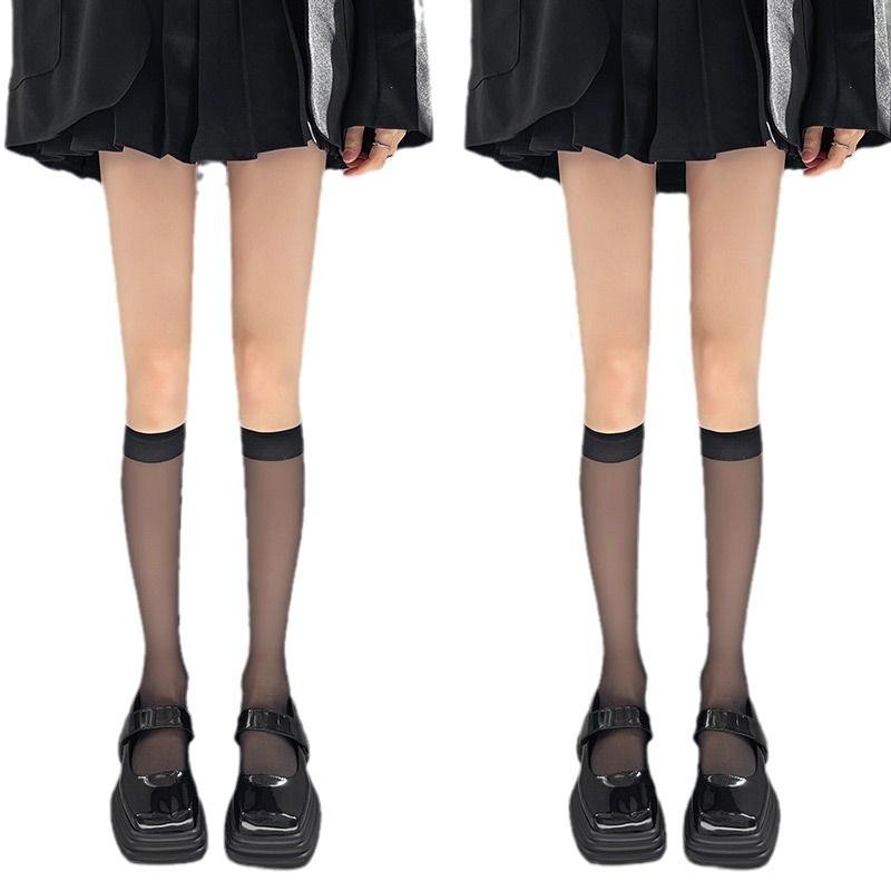 Summer Thin Stockings Transparent Calf Socks Women'S Breathable Versatile Medium Tube Socks Black Silk Knee Socks Thin Jk Calf Socks