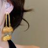 Women French Style Dangle Earrings 14K Real Gold Plated Copper Hollow Metal Flower Petal Long Chain Tassel Fashion Jewelry
