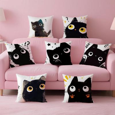 Creative Cute Minimal Art Black Kitten Cat Head Cushion Cover Pillow Case Soft Skin Friendly Fabric Concealed Zipper