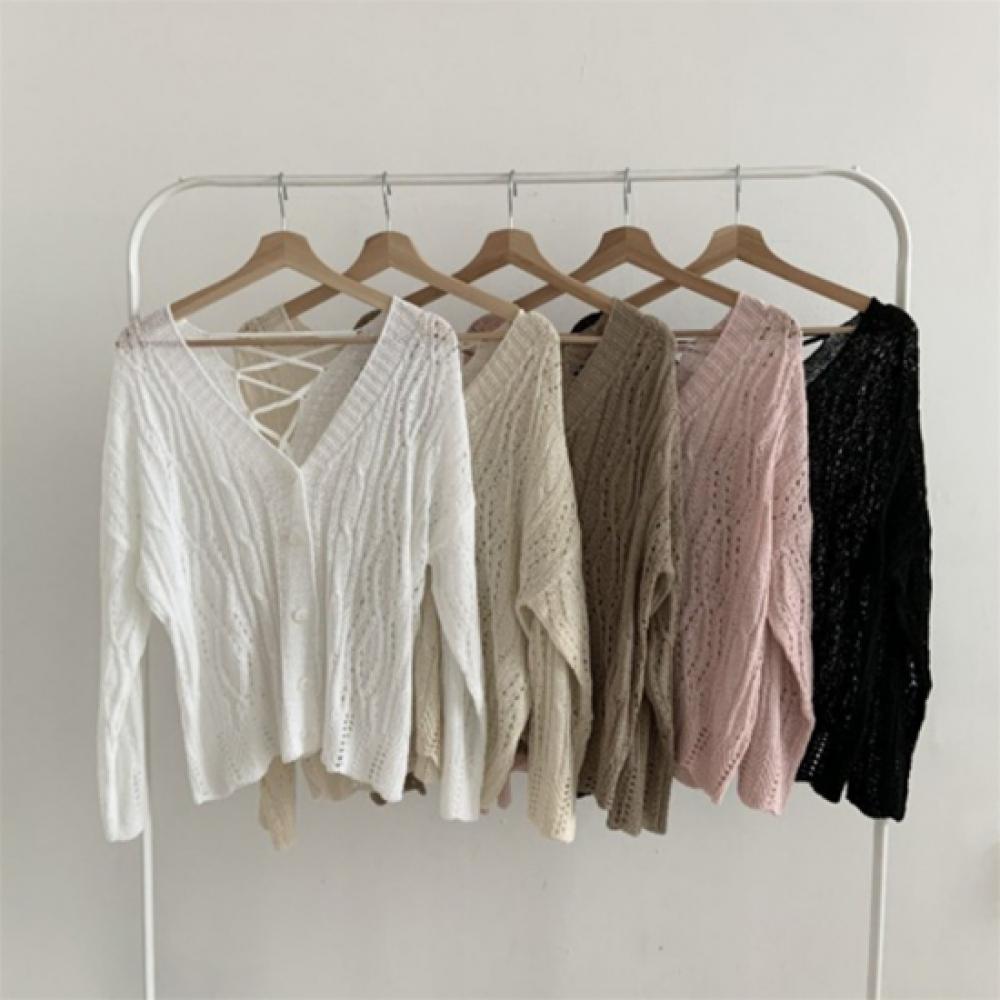 New Arrivals Open Run Women Lace Up Ribbon Detail Cable Knit Cardigan