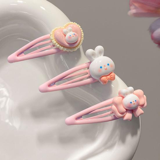 4Pcs Girl Hairpins Cartoon Rabbit Heart Design BB Clips Low Saturation Pink Hair Pins School Dating Hair