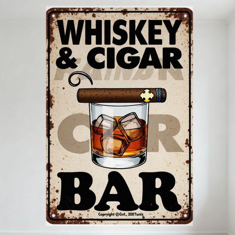 Винтажная металлическая табличка  Виски и сигары  с выветрившимися ржавыми коричневатыми пятнами, дизайном стакана янтарного виски и сигары, текст  БАР  - Дом 20x30cm（7.8x11.8inch）