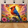 2D Fantasy Bird Art Tapestry, Colorful Bird on a Rock in a Flower Field with Nebula Clouds