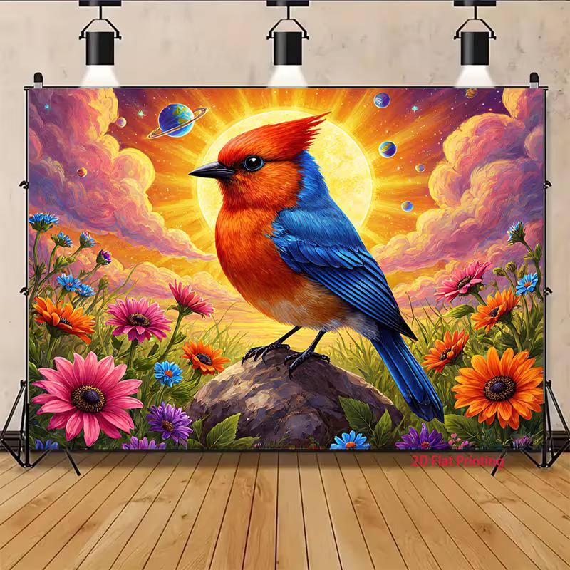 2D Fantasy Bird Art Tapestry, Colorful Bird on a Rock in a Flower Field with Nebula Clouds