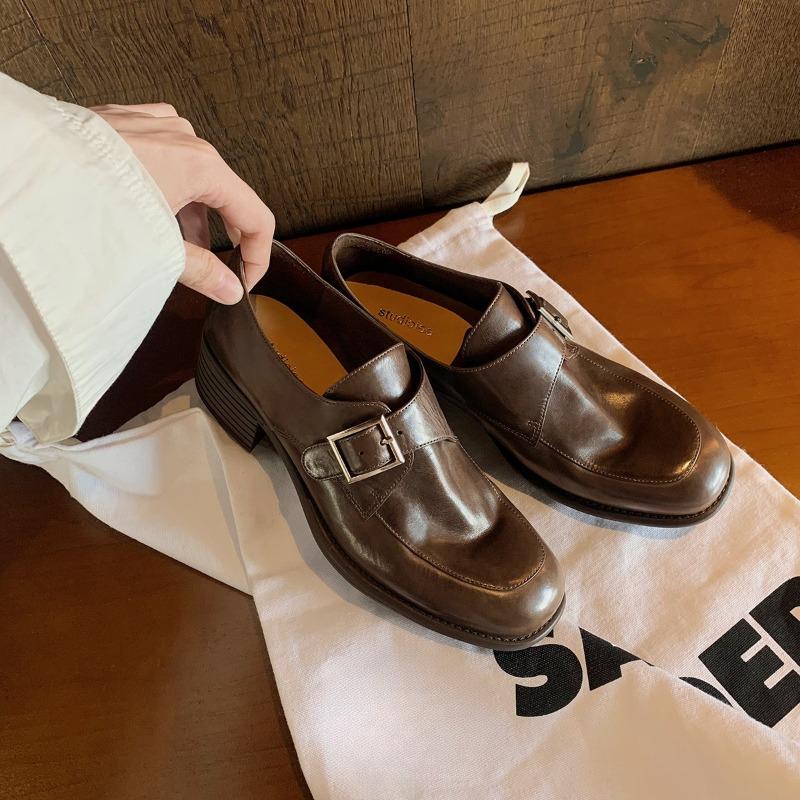 Anti-slip Shoes, Round-toed Buckle Buckle Single Shoes, Chunky-heeled Leather Shoes