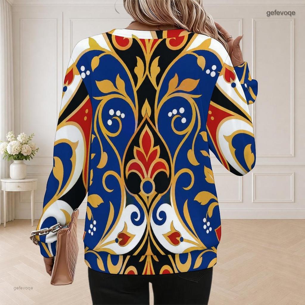 Women Plus Size Round Neck Long Sleeve Floral Printed Teal Green Ribbed Cuffs Sweatshirt