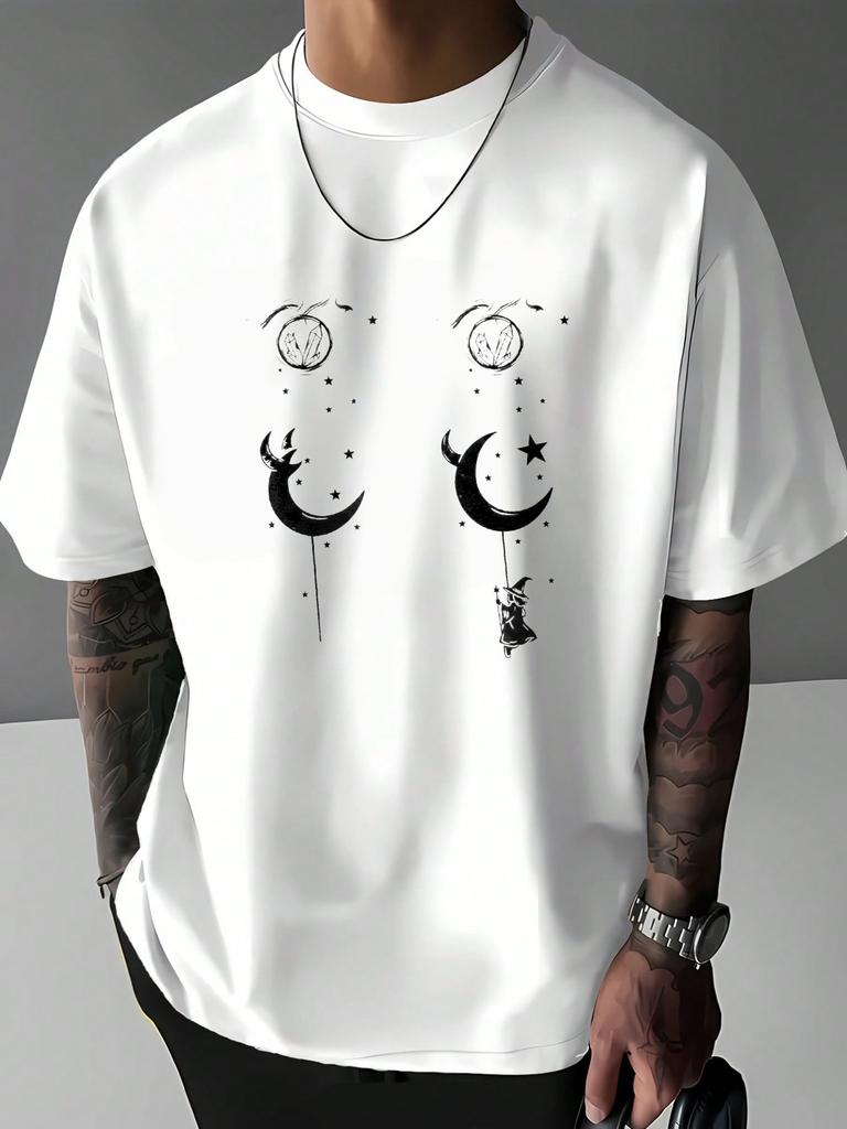 Mystic Moon Witch Crystal Star Graphic Unisexs Loose Crew Neck Short Sleeve Cotton Tee Gothic Vintage Summer Casual Streetwear Top