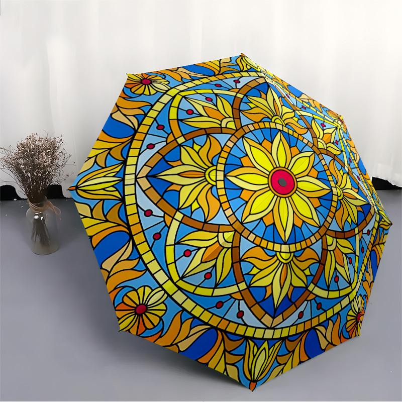 1pc Stained Glass Mandala Automatic Folding Umbrella - Design, Durable Iron Frame for Travel, Outdoor, Beach Fashion Accessory a0920062
