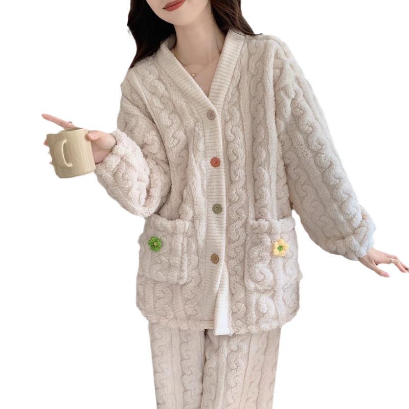 2025 Women's Autumn/Winter Flannel Jacquard Coral Fleece Pajama Set - Long Sleeve Cardigan