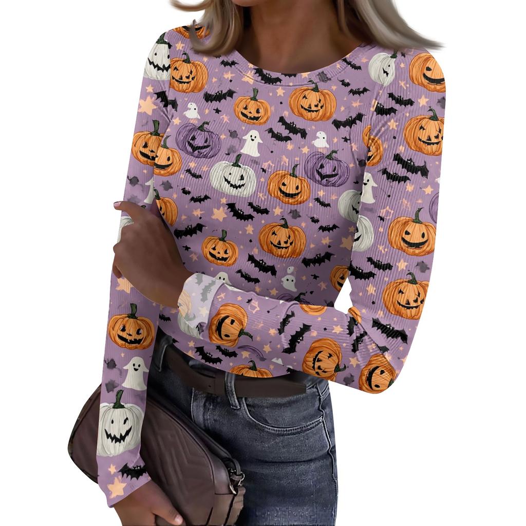 Women's Casual Crewneck Long Sleeve Halloween Print Ribbed Top, Fall Tunic Tops