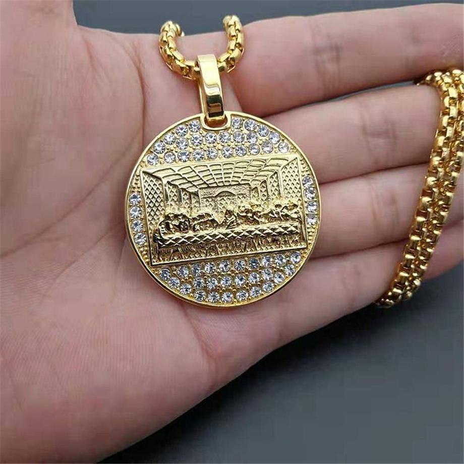 

Stainless Steel Last Supper Pendant Gold Color Iced Out Bling Zircon Round Necklace for Men Father s Day Gift Hip Hop Jewelry 60cm