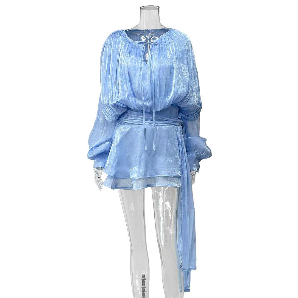 Autumn French European and American puff sleeves, ruffled pleated design, elegant short dress for women S синий