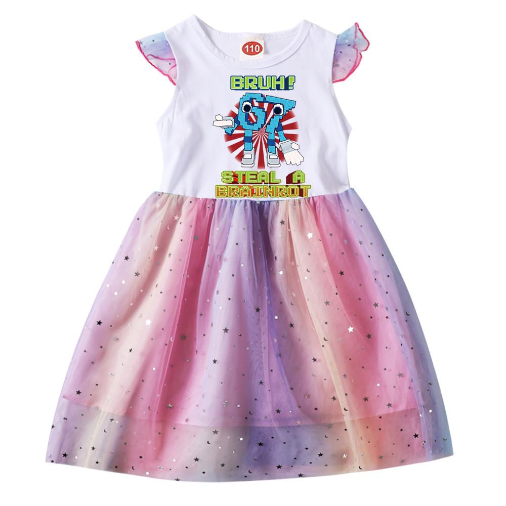 9192 Kids Girls Steal a Brainrot 67 Six Seven Print Ruffle Short Sleeve Sequins Casual Rainbow Dress