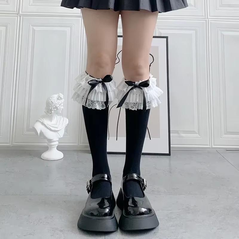 Kawaii Lolita Lace Calf Stockings Multi Layer Bow Cotton JK Japanese Long Stockings Vintage Gothic Palace Cosplay Accessories