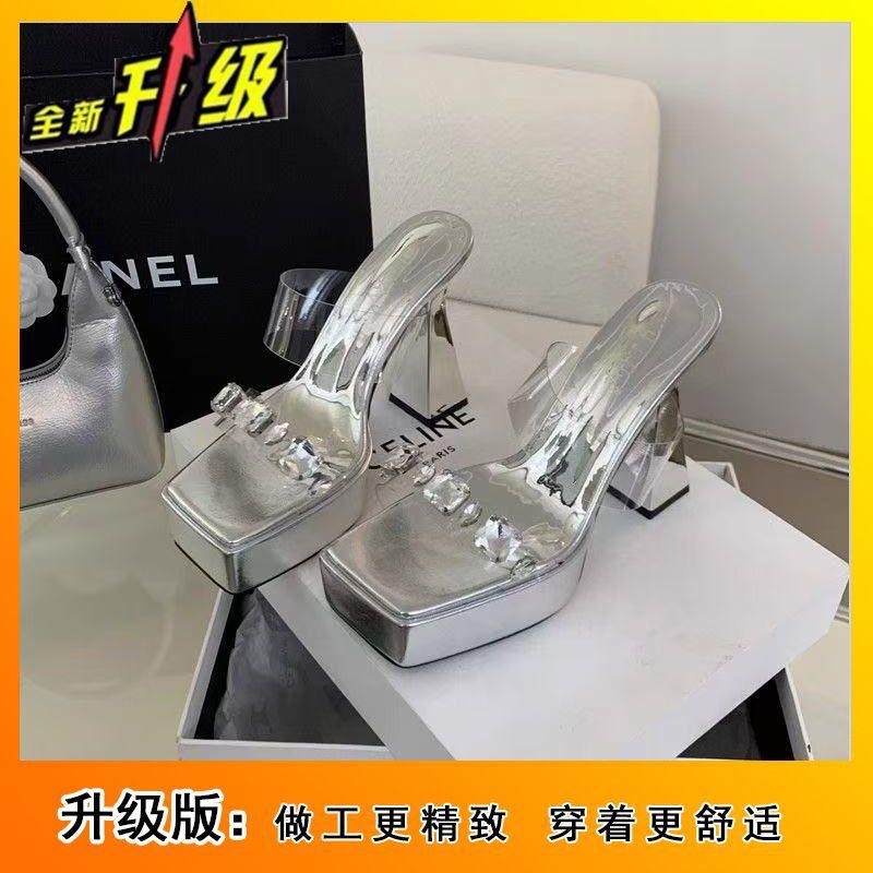 Fashion crystal waterproof table cool slippers women's summer 2025 new high-heeled one-word women's slippers thick-heeled slippers women's