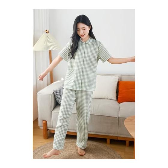 [Vulcanodon] Room Wear, Women's Pajamas, Top and Bottom Set, Comfortable, 100% Cotton, Double Gauze, Short Sleeve, Loungewear, Long Pants, Spring,