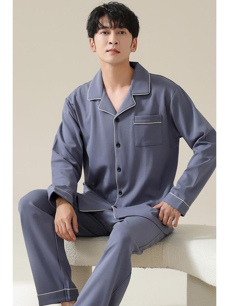 Herren Übergröße Reiner Baumwoll-Pyjama-Set - Langärmiger Cardigan für Herbst/Winter