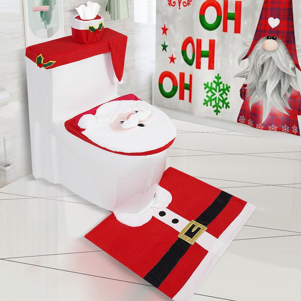 Christmas Bathroom Decoration Set 4Pcs with Toilet Cover Rugs Tank Cover Paper Box Cover Festive Indoor Party Decor