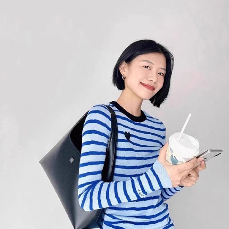 

Yellow Striped Long Sleeve Knitted Sweater Women s Autumn New Slim Fit Niche Inner Bottom Top One size fits all [recommended 80-60kg] синий