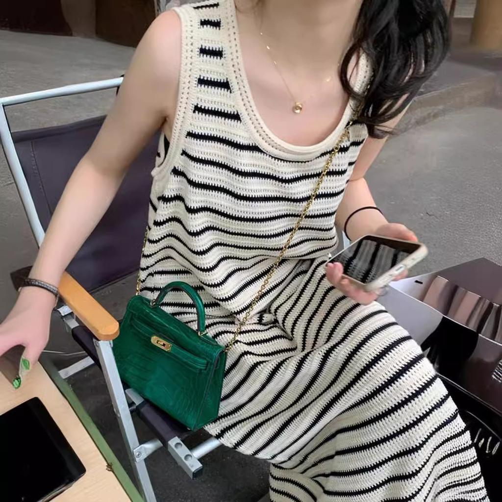 Summer French loose lazy style thin long temperament sleeveless vest skirt hollow striped knitted dress women