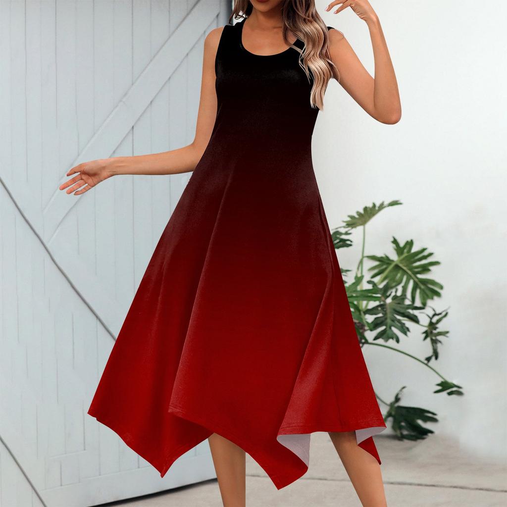 Kvinners uformelle mote med rund hals og ermeløs trykk uregelmessig hem midi kjole