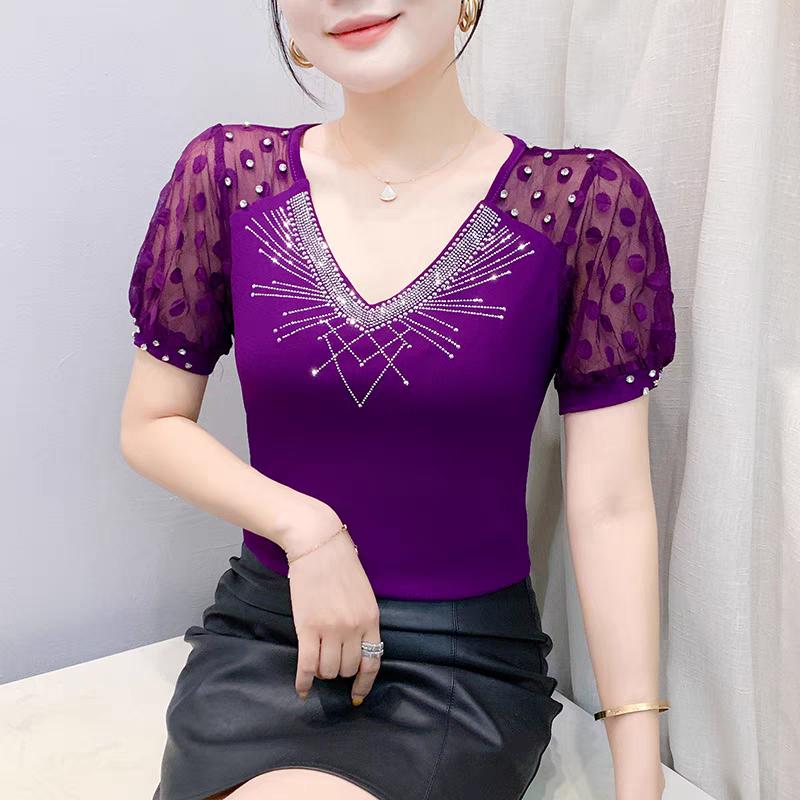 Summer New Mesh T-shirt Shiny Hot Diamonds Tees Sexy V-neck Short Sleeve Women's Tops Fashion Classic Girl Streetwear Blouse