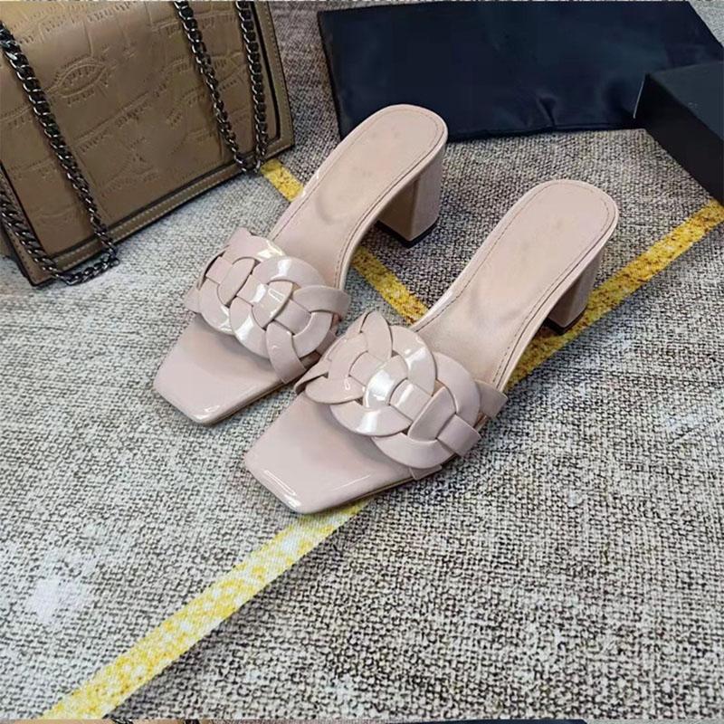 Fashion Woven circle slippers Women's high heels square patent leather flip-flops Thick designer alligator leather sandals