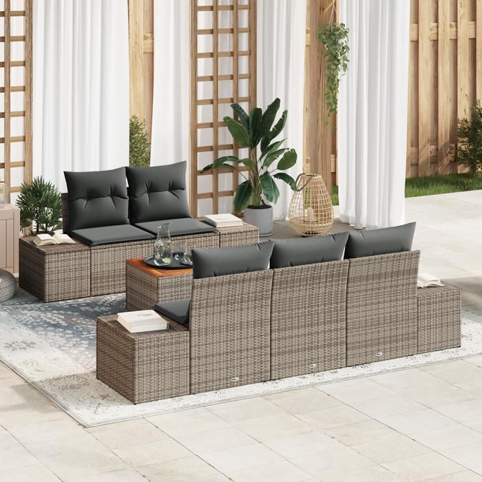 VidaXL Ensemble de Canapés de Jardin 6 Pièces avec Coussins Gris Poly Rattan Acacia 3347895