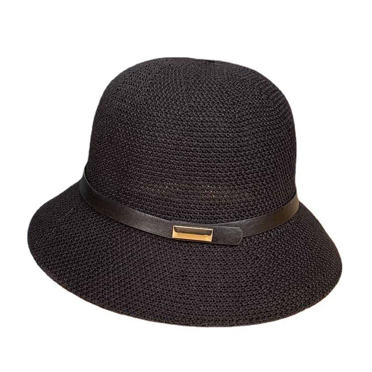 Cotton and linen knitted belt buckle decorative dome hat spring and summer elegant bucket hat ladies sunscreen sunshade basin hat