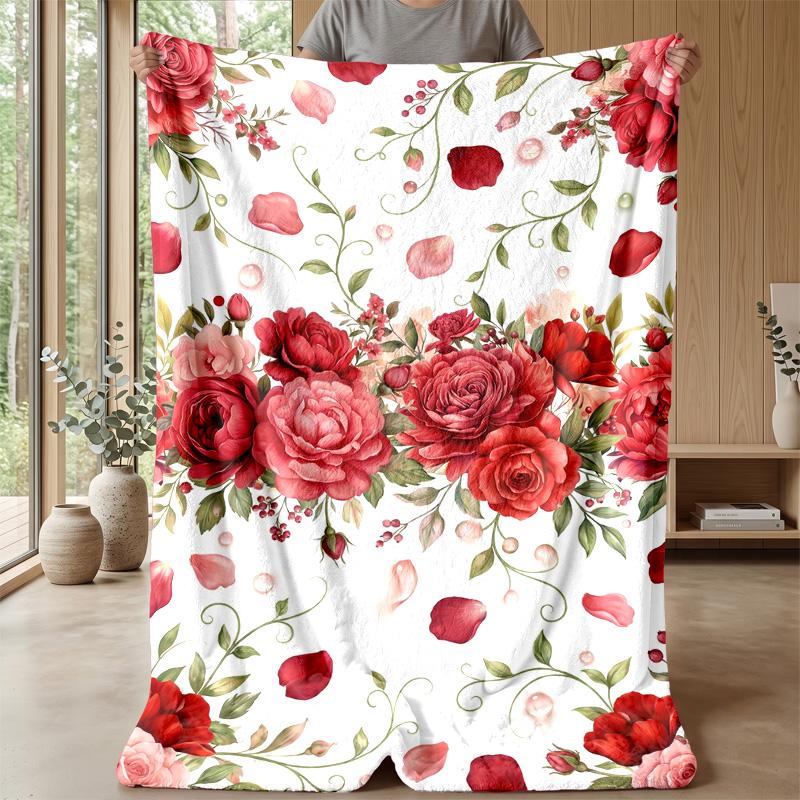 Red and Pink Floral Pattern Theme blanket Lightweight Warm Flannel Blanket Decorative Throw Blanket for Home Decoration