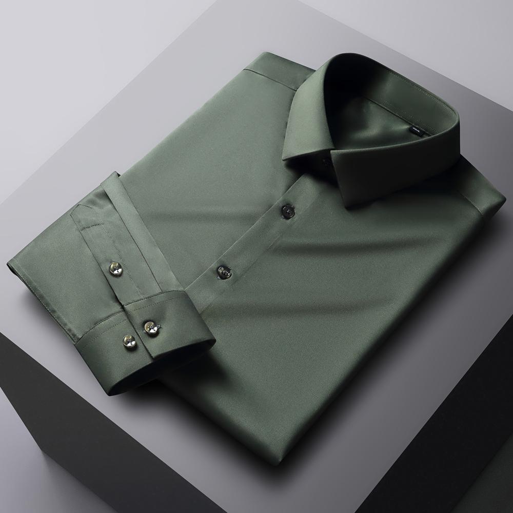 Cămașă de rochie pentru bărbați, cu mânecă lungă, de culoare uni, fără călcare, elastică, mătăsoasă, prietenoasă cu pielea, ușor de întreținut, formală, îmbrăcăminte pentru bărbați, cămașă cu nasturi