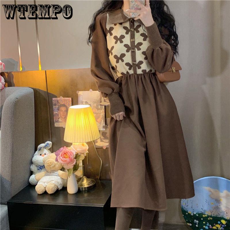 Spring and Autumn Women's Dress Retro Polo Neck Dress Color-blocking Design Slim Waist Small Versatile Medium Length A-line Dress