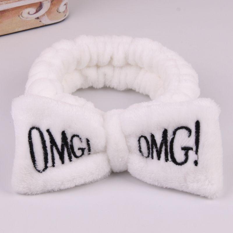 Versatile Candy Color Omg Letters Bow Headband Coral Fleece For Daily Facial Routines
