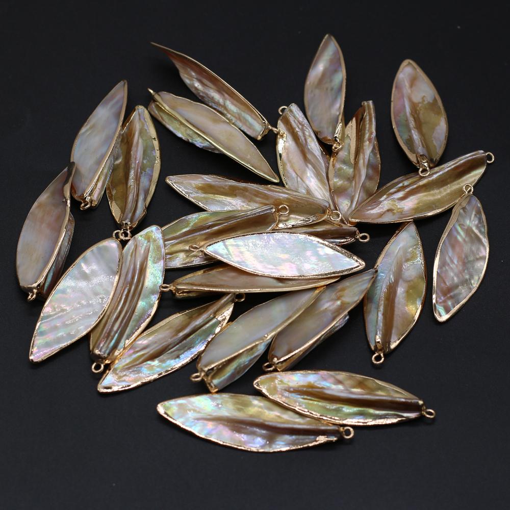 3Pcs, Natural Shell Pendant, Boho Handmade Golden Leaves Charms, for DIY Necklace Accessories, Jewelry Creative Making, Unique Unisex Crafts 1.5×5cm