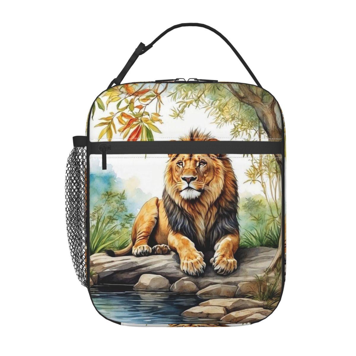 Sac à lunch isotherme 'Un Lion dans une Forêt' pour Femmes Enfants Boîtes repas portables Boîte à lunch thermique Sac fourre-tout One Size beige