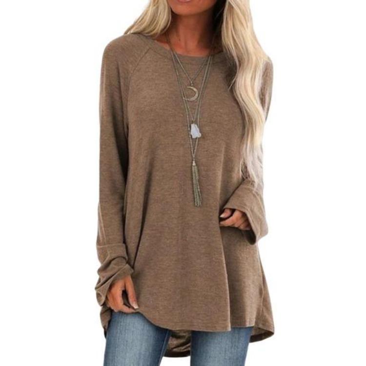 

Loose Fit Long Sleeve Tunic Top for Women Round Neck Casual Shirt Solid Color Hip Length Tops XXXL кавовий