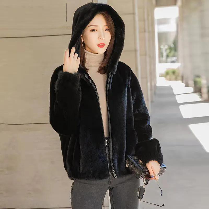 WTEMPO Solid Color Windproof Cold-proof Hooded Zipper Coats Women's Casual Versatile Faux Fur Plush Jackets