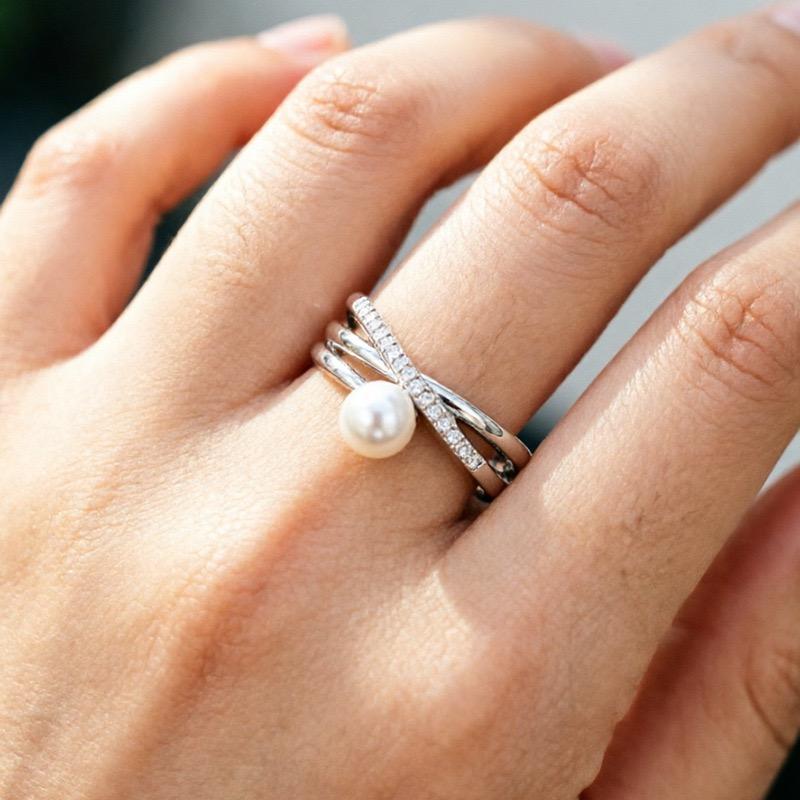 BF CLUB 925 Sterling Rings for Women Simple Geometric Handmade Irregular Pearl Zircon Ring Allergy For Birthday Gift