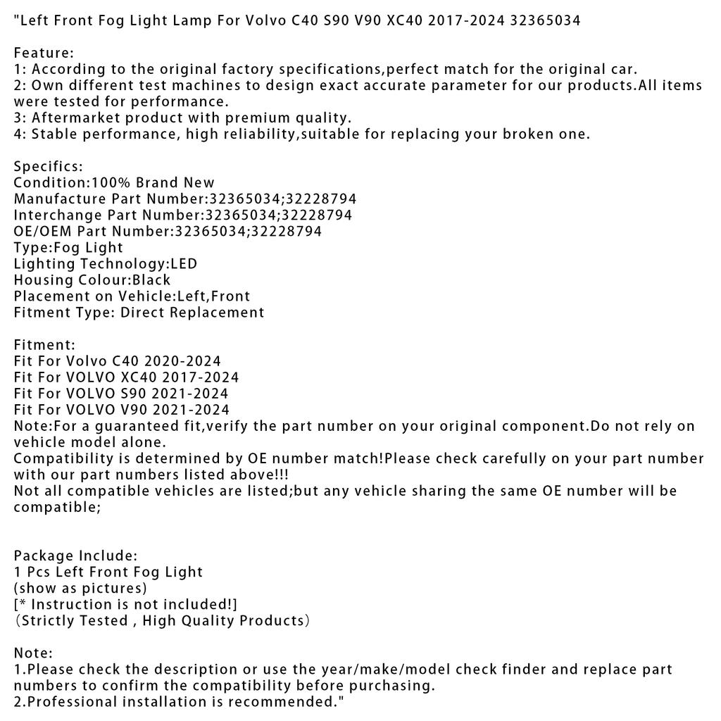 Linke Nebelscheinwerferlampe für Volvo C40 S90 V90 XC40 2017-2024 32365034
