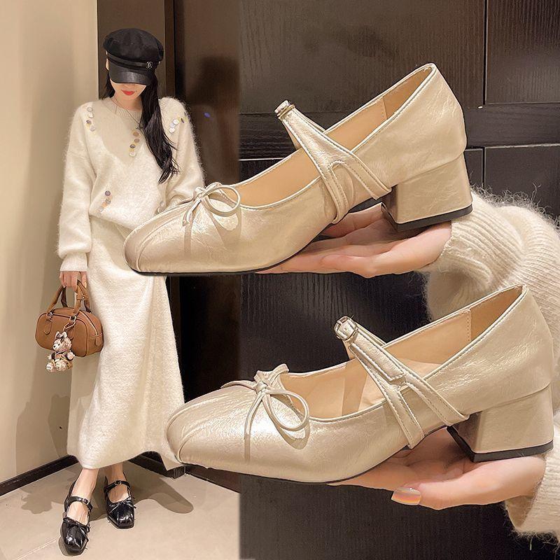 Versatile Light Mouth Thick Heel Single Shoes Women's French Retro Square Head Bow One-word Buckle Mary Jane Single Shoes Spring and Summer