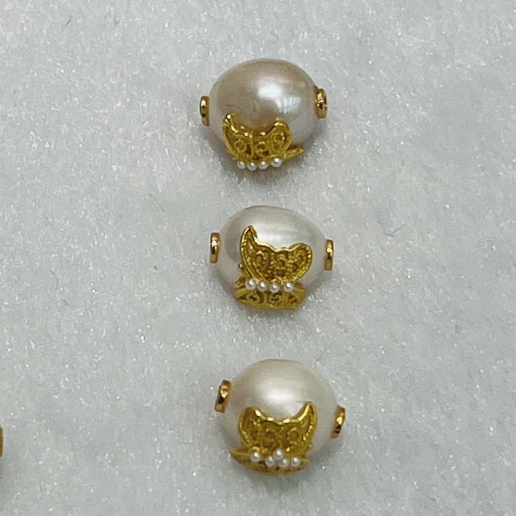 1Pc, Artificial Pearl Beads with Golden Butterfly Decor Accent, Fantasy Style Handmade Rice Beads for DIY Materials Accessories, Jewelry Making 8×12mm