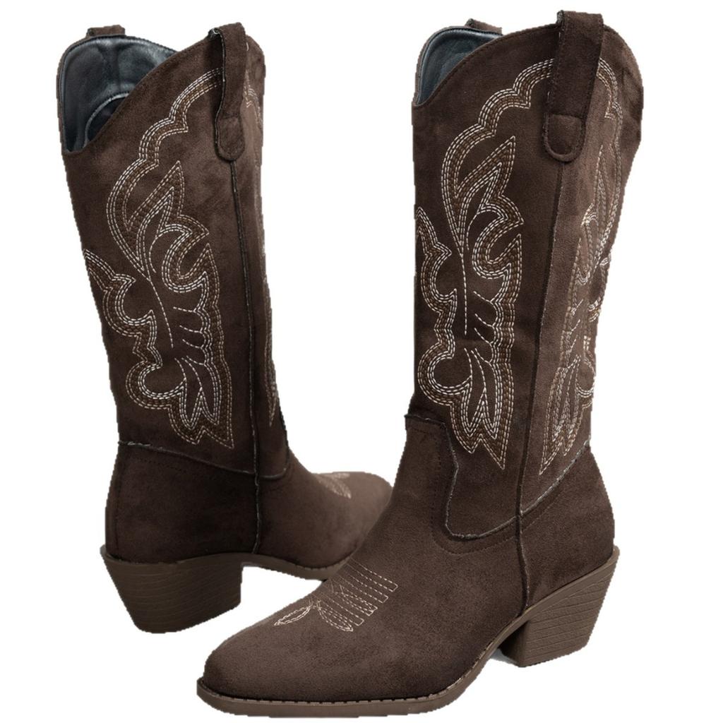 2025 European and American Fashion Autumn and Winter New Spot Medium Heel Women's Leather Boots Foreign Trade Round Head Large Size Embroidered Weste