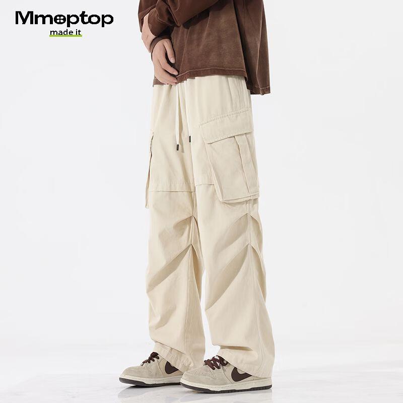 MMOPTOP Cotton Casual Pants for Men, Spring And Summer American Retro High Street Paratrooper Cargo Pants 8381 Off-White L