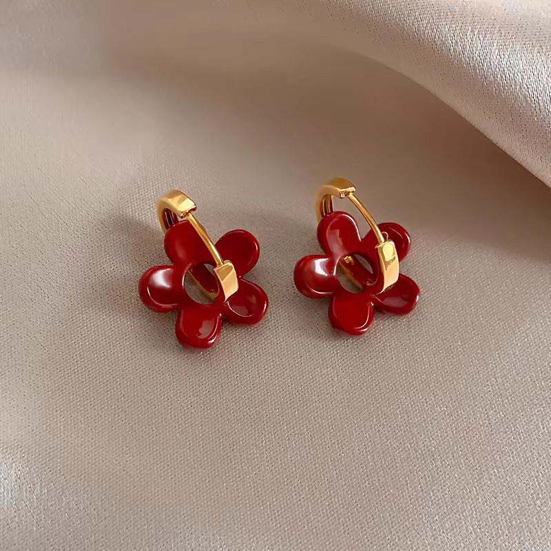 Vintage Red Glazed Flower Hoop Earrings for Women Girls 2024 New Trendy Design Petal Temperament Earrings Zircon