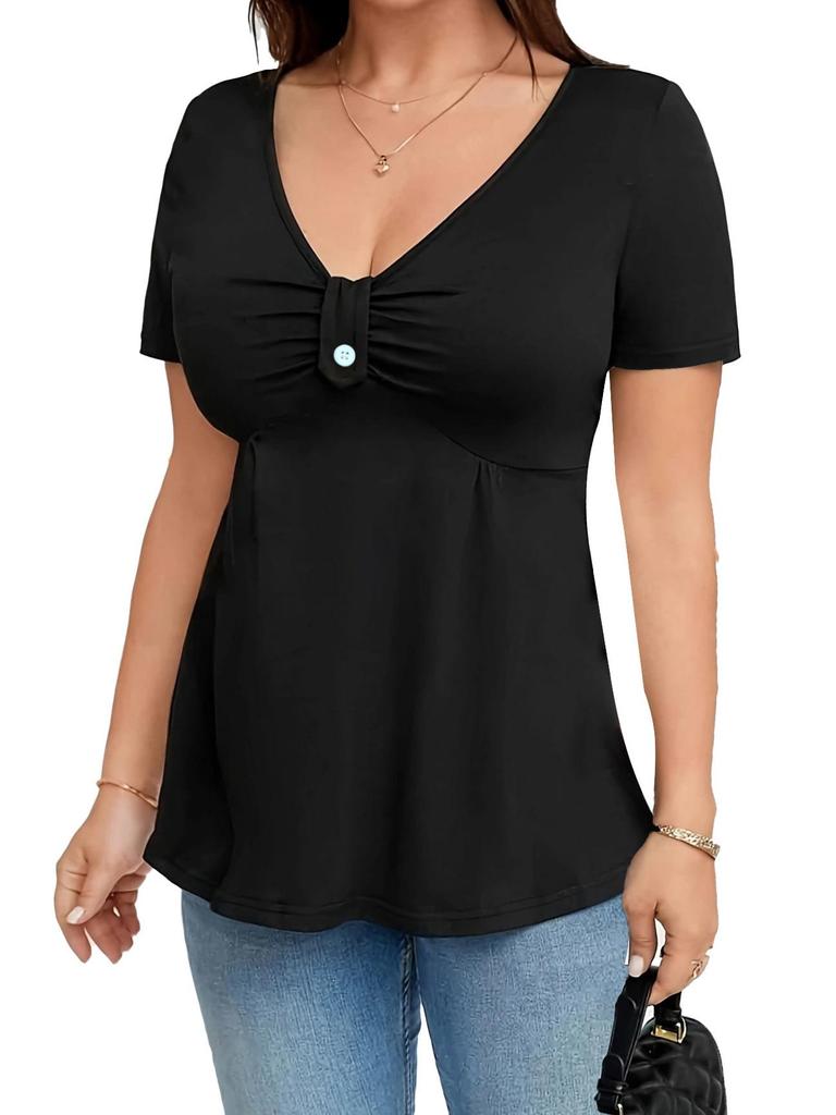 Women's V-neck Short-Sleeve Waist-Cinching T-Shirt - Spring/Summer Fit