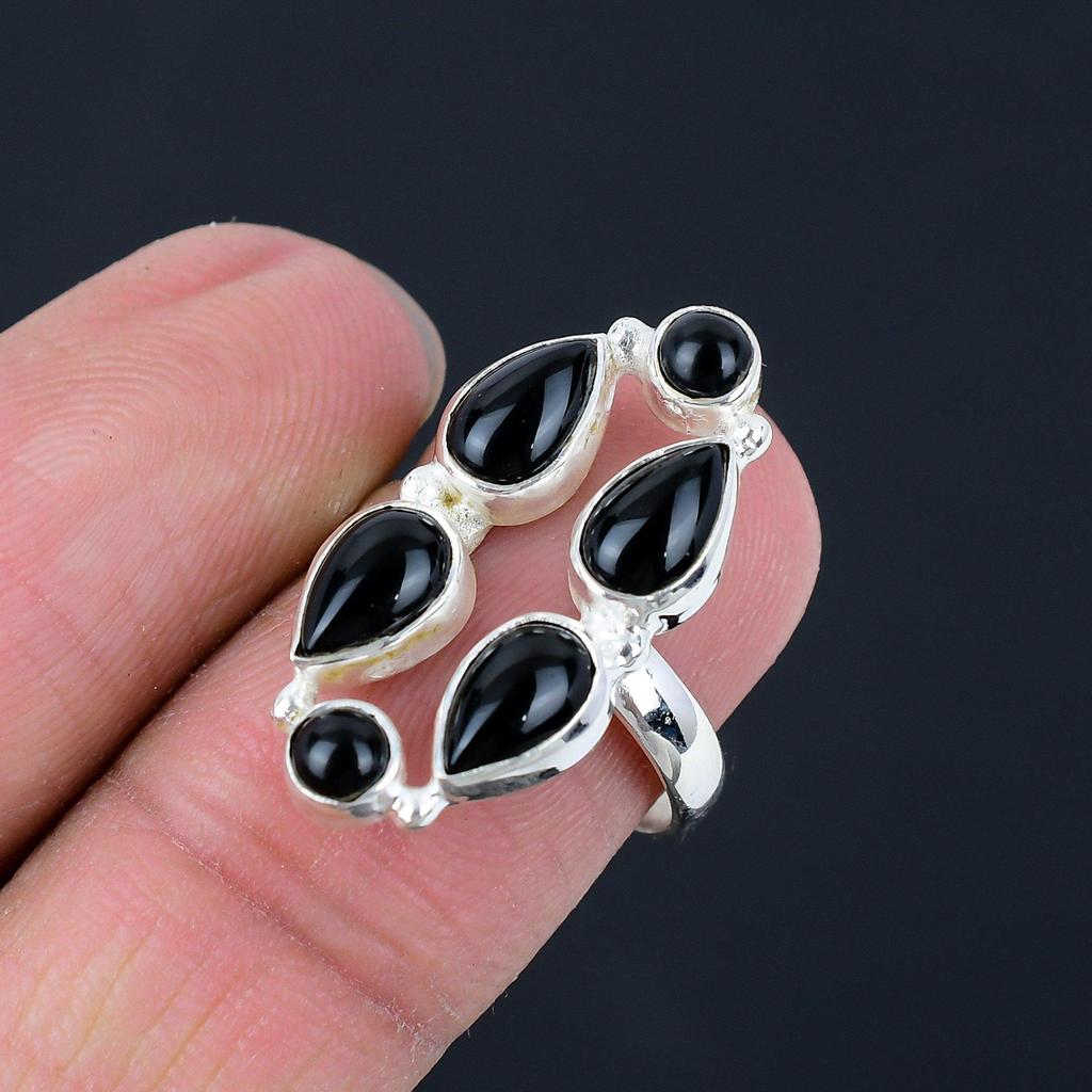 Natural Black Onyx Gemstone 925 Sterling Silver Long Finger Hollow Ring For Women & Girls