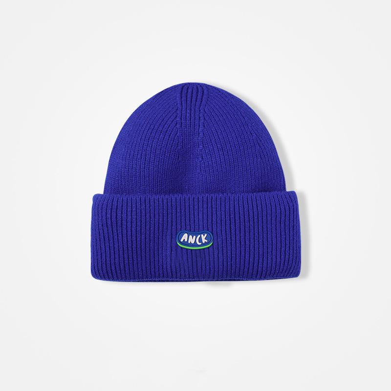 Beige knitted hat women's autumn and winter blue wool hat men's pullover versatile ear protector cold hat showing face small hat keeping warm